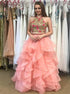 A Line Two Piece Pink Appliques Tulle Open Back Prom Dress LBQ3941